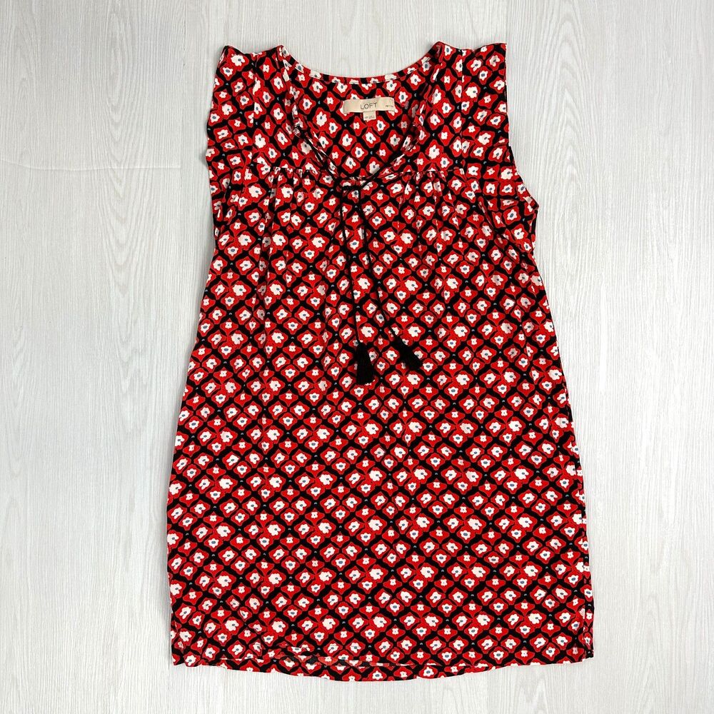 LOFT Amaryllis Womens XSP Tassel Floral Print Red Black Tie Ruffle Mini Dress